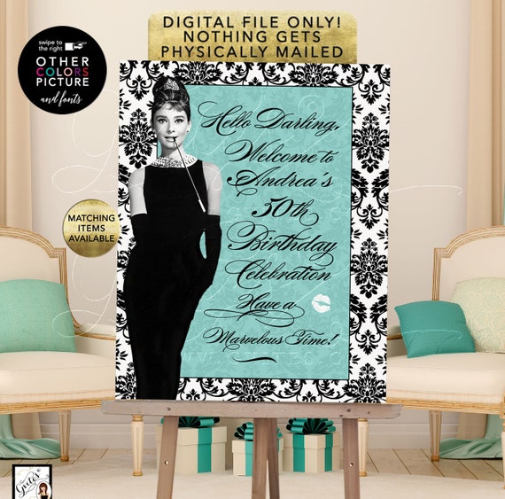 Audrey Hepburn 50th Birthday Signs Customizable Text/ Fonts/ Colors and Picture. Digital File Only! Blue Party Themed Printable.