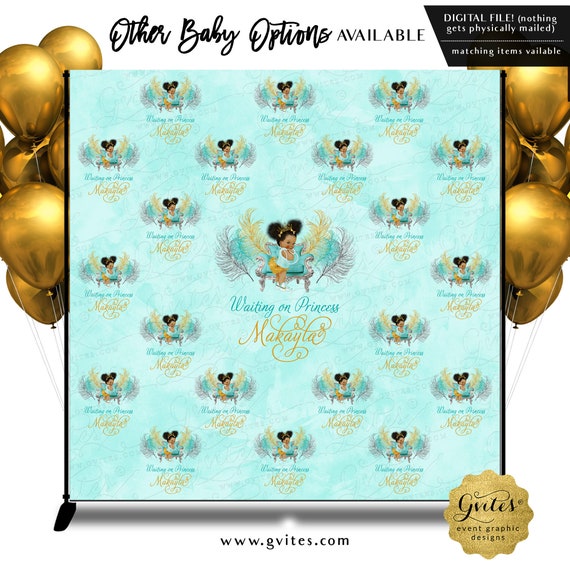Step and Repeat Wall Backdrops Personalized | Sparkly Feathers Turquoise Blue & Lava Gold and Silver Afro Puffs Princess Printable/Digital