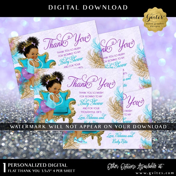 Personalized Baby Shower Thank You Card Purple and Gold African American Baby 5x3.5" 4 Per/ Sheet