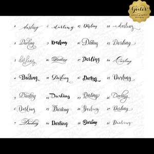 May include: A graphic design chart displaying twenty-eight variations of the word Darling in black calligraphy fonts, numbered sequentially. A gold circular logo in the top right corner features the text Gvites event graphic designs.