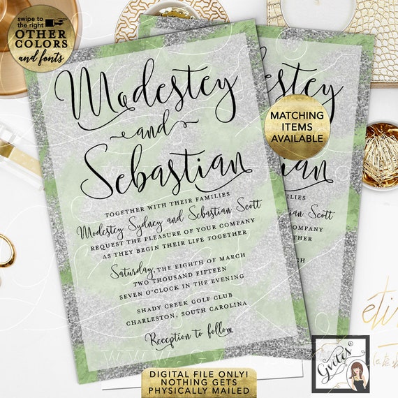 Spring Black Green and Silver Wedding Invitations Watercolor Brush Glitter. Printable. 5x7" Double Sided.