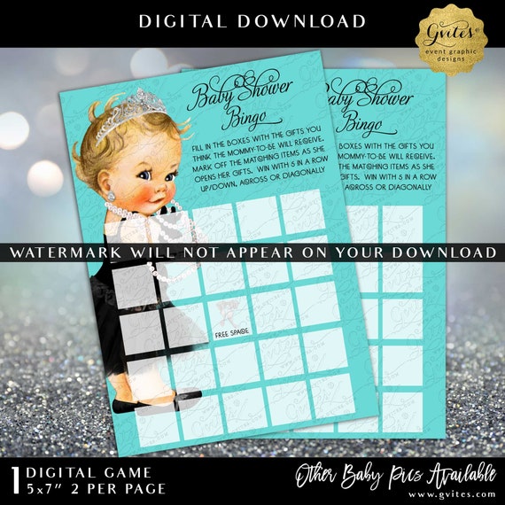 Blue Theme Baby Shower Bingo Princess Game | Printable Audrey Vintage Inspired Style | 5x7" 2/Per Page Digital Download