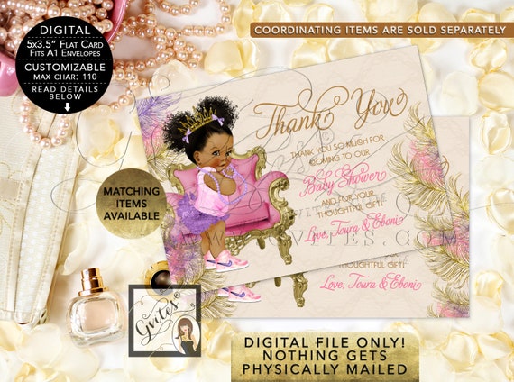 Baby Shower Thank You Cards Personalized | Pink Purple & Gold Afro Puffs Vintage | Digital File | JPG + PDF {5x3.5" 4 Per/ Sheet}