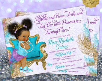 Sparkly Feathers Turquoise Purple Lavender & Gold Afro Puffs Princess First Birthday