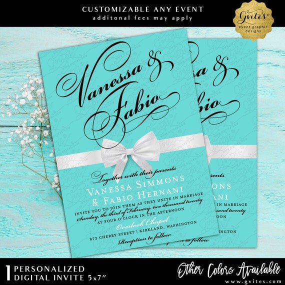 Blue Wedding Invitation Digital File. Breakfast Themed, Black Tie. Elegant Classic. White Bow & Robin Egg Blue. DIY. 5x7" Double Sided.