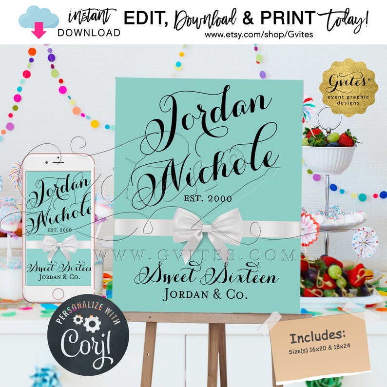Sweet 16 Welcome Sign Breakfast at Birthday Poster PrintableDecorations 16x20 /& 18x24} s {Cant Print in Size