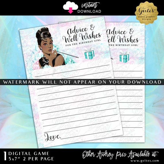 Advice & Well Wishes For The Birthday Girl | Instant Download Audrey Hepburn African American | Printable Cards. 5x7"
