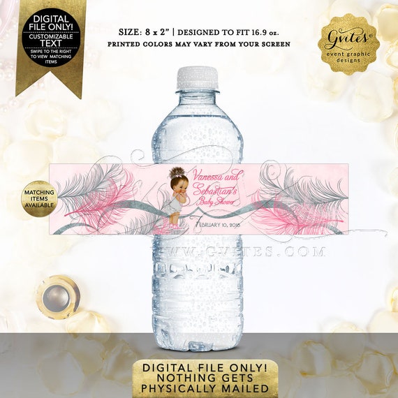 Water Bottle Labels Pink Silver Baby Shower Party Favors, Vintage Baby Girl Ethnic Afro Bun Curly Hair. Digital File | Design: TIACE-105