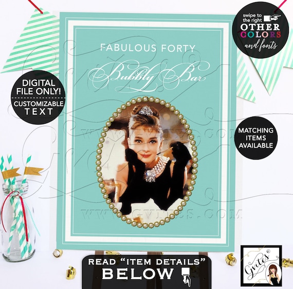 Audrey Hepburn Poster Signs | Fabulous Forty Table Dessert Cake Backdrop | Breakfast at blue themed | Adult birthday gold PRINTABLE