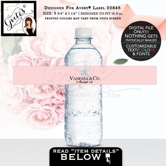 Sweet 16 Water bottle labels/ stickers/ sweet sixteen favors gifts/ personalized. PRINTABLE. 9.75x1.25"/ 5 Per Sheet {Designed Avery® 22845}