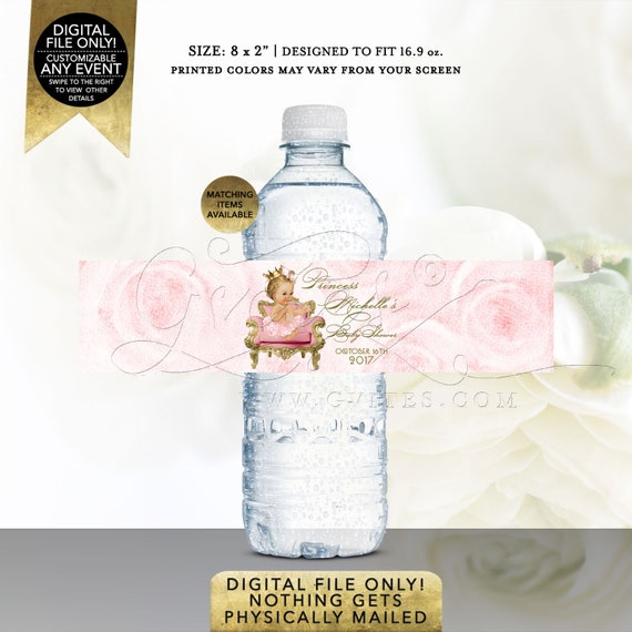 Water Labels Blush Pink Gold Princess Baby Shower Printable Digital PDF + JPG Format | 8x2" 5 Per/Sheet | Design: WHRST-105