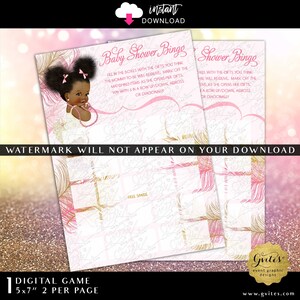 Baby Shower Games Bingo Card. Pink Ivory & Gold African American Afro Puffs Baby Girl Pink Bows