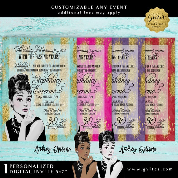 Audrey Hepburn Turquoise Blue & Gold Printable Birthday Invitations / 30th 40th 50th Birthday / Beauty of a Woman Grows with Passing Years