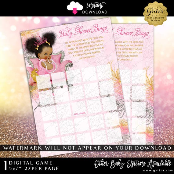 Afro Dark Puffs Bingo Cards Baby Shower Bingo Game Pink Silver & Gold Princess