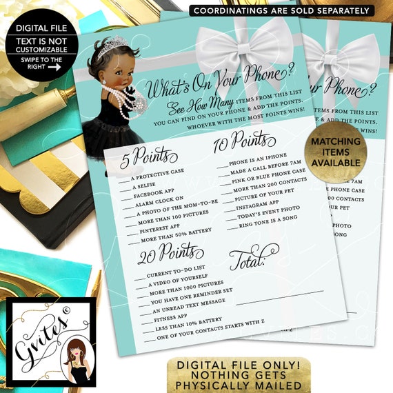 Dark Jet Princess What's On Your Phone Baby Shower Girl Game Printable Card. 2/Per Sheet 5x7"