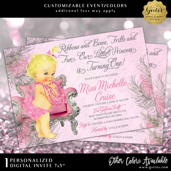 Ritzy Pink and Silver Feathers Princess First Birthday 7x5"