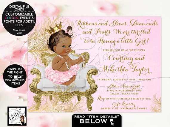 African American princess Pink Gold Baby shower invitation tutu invite Digital File 7x5" Gvites {White/ Gold Feathers} | Design: CWCHS-104
