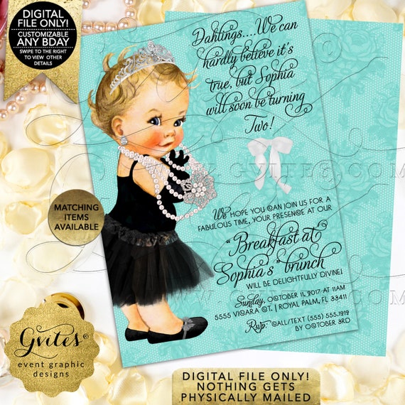 First Birthday Invitation Breakfast at Baby Co Ribbons Bows Diamonds Pearls Vintage Theme | 5x7" double sided Gvites Il_570xn