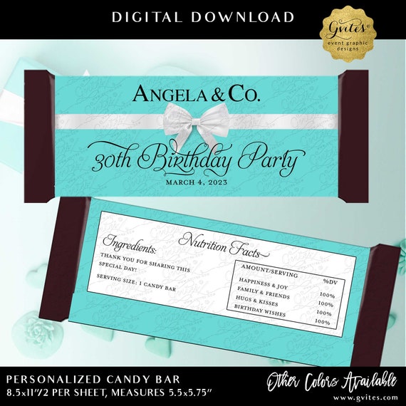 30th Candy Bar Wrappers Birthday Personalized Party Favors Breakfast at theme 2 Per/ Sheet 5.25x5.75