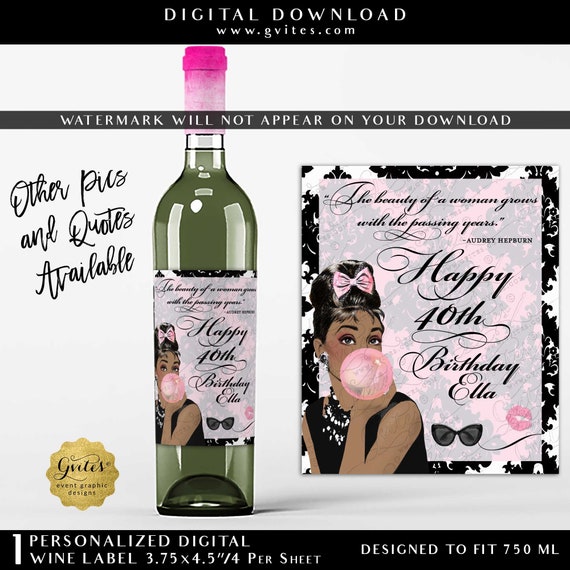 Custom Audrey Hepburn Wine Labels | Happy 40th Birthday 3.75X4.5"/4 Per Sheet