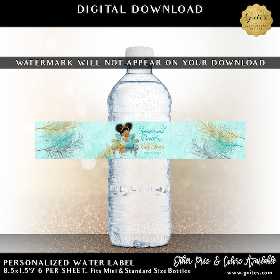 Water Bottle Labels 8x1.5"/6 Per Sheet | Sparkly Feathers Turquoise Blue & Lava Gold and Silver Afro Puffs Princess Baby Shower