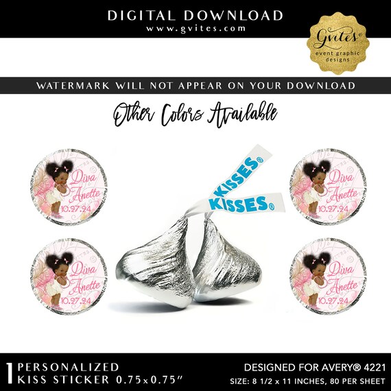 Pink Ivory & Gold Hershey Kisses Party Stickers Printable. Afro Puffs Baby Girl with Bows | Digital Download | Designed For Avery® 4221