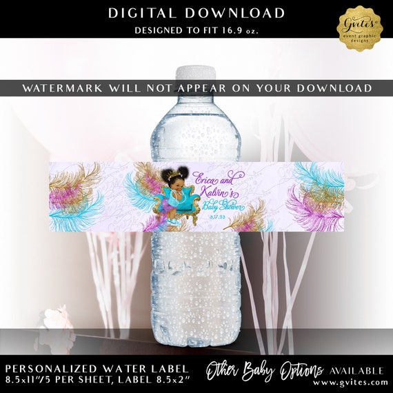 Baby Shower Purple Blue & Gold Water Bottle Labels Printable Wrapper | Afro Puffs Baby Girl | Digital Download