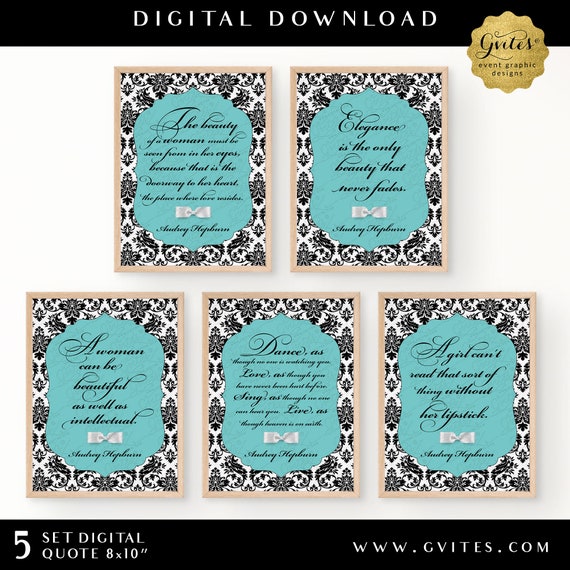 Audrey Hepburn Set of 5 Printable Quotes 8x10" Blue and Damask Black & White Pattern by Gvites