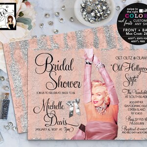 Marilyn Monroe Blush Pink & Silver Glitter Bridal Invitations/ Old Hollywood Style/ Glitz and glam/ Printable Personalized Invites