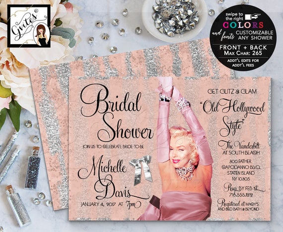 Marilyn Monroe Blush Pink & Silver Glitter Bridal Invitations/ Old Hollywood Style/ Glitz and glam/ Printable Personalized Invites