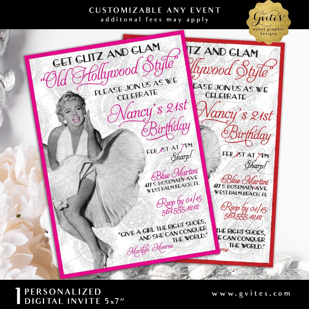 Hollywood 21st Birthday Printable Invitation | Marilyn Monroe Themed ...