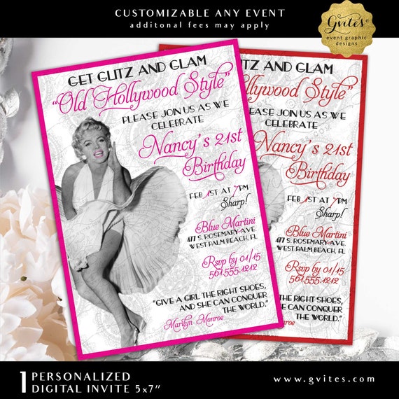 Hollywood 21st Birthday Printable Invitation | Marilyn Monroe Themed Party | Digital File 5x7" JPG + PDF Il_570xn