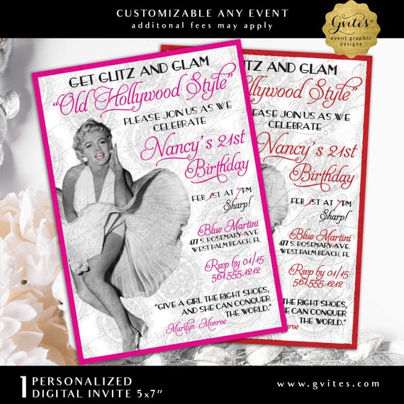 Hollywood 21st Birthday Printable Invitation | Marilyn Monroe Themed Party | Digital File 5x7" JPG + PDF