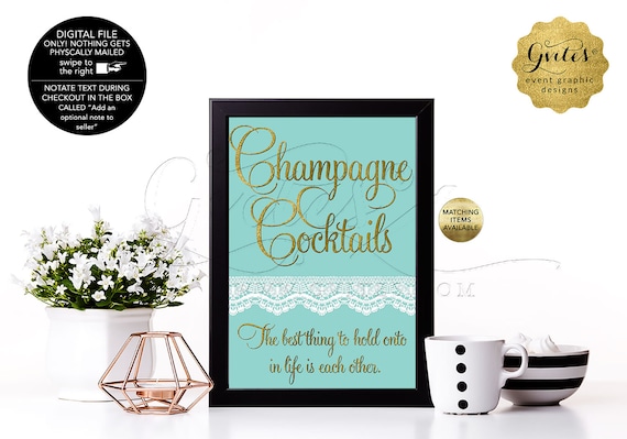 Champagne Cocktails Birthday or Bridal Table Signs With Personalized Audrey Hepburn Quote. Breakfast blue themed/ Digital file. 4x6 or 5x7