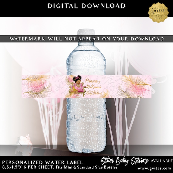 Printable Water Bottle Labels Feathers Lace Pink & Gold Princess Baby Shower