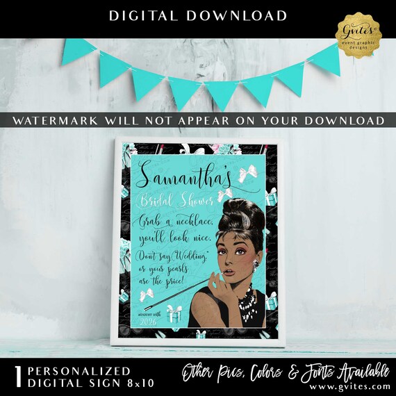 African American Audrey Hepburn Party Sign | Don't Say Wedding 8x10" Personalized Pearl Necklace Game.