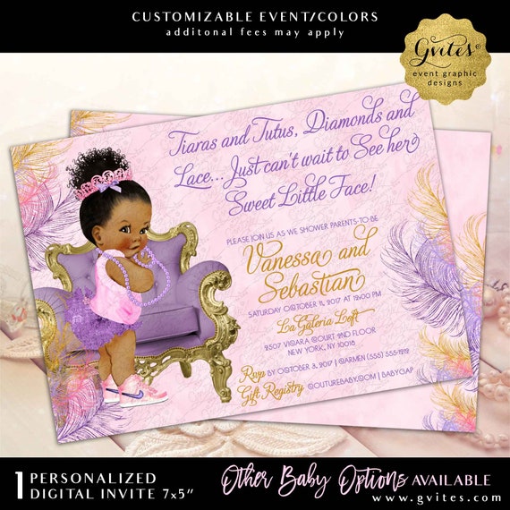 Pink Purple and Gold Baby Shower/ African American Princess Invites/ Afro Bun Puffs Tiara Digital file/ Printable/ 7x5 Double Sided. Gvites