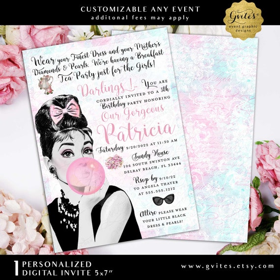 Breakfast Tea Party just for the Girls! 5th Birthday Diamonds Pearl Breakfast Tea Party Printable Invitation Audrey Hepburn Style 5x7"