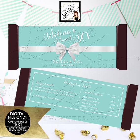 Mis Quince XV Candy Bar Wrapper Favors Gifts, Blue White Teen Party Printable, DIY, Digital File. 2 Per/Sheet 5.25 x 5.75" {White Fonts}