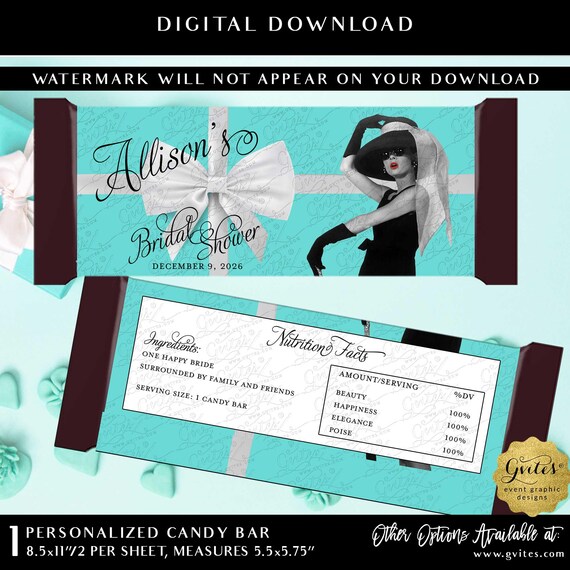 Breakfast theme Bridal Shower Candy Bar Printable Wrappers with Audrey Hepburn