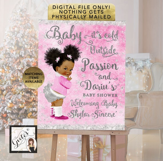 Pink and Silver Welcome Baby Shower Sign it's Cold Outside Wonderland African American Vintage | 8x10" and 16x20" Digital Files