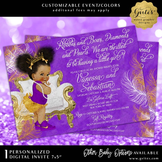 Royal Baby Shower Purple White and Gold Invitation | Digital File JPG + PDF 7x5"