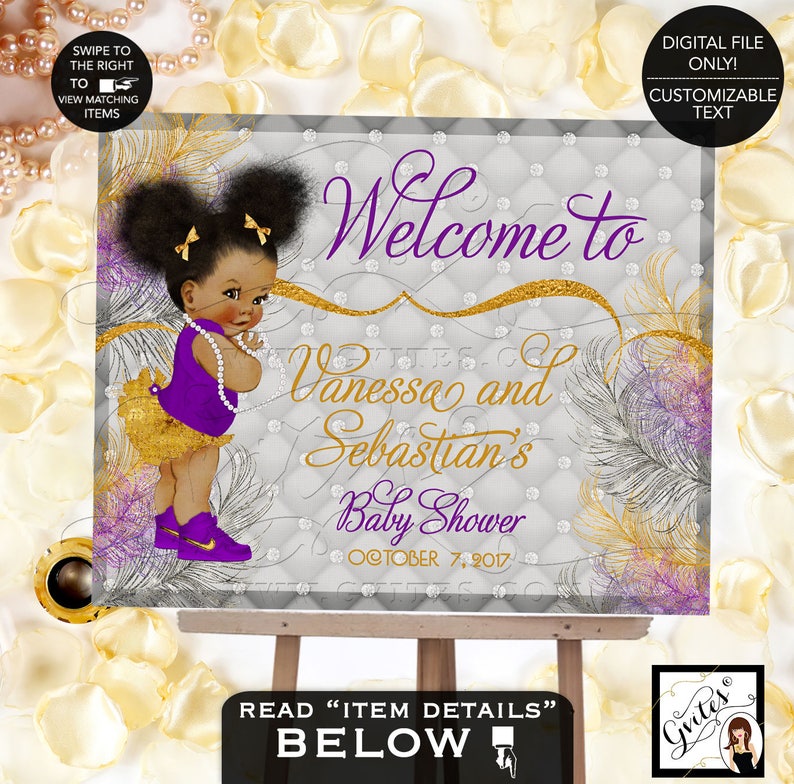 Ethnic Baby Shower Invitation African American Princess Baby Girl Baby Shower Purple bow Gold tutu Diamonds /& Pearls Afro Puffs