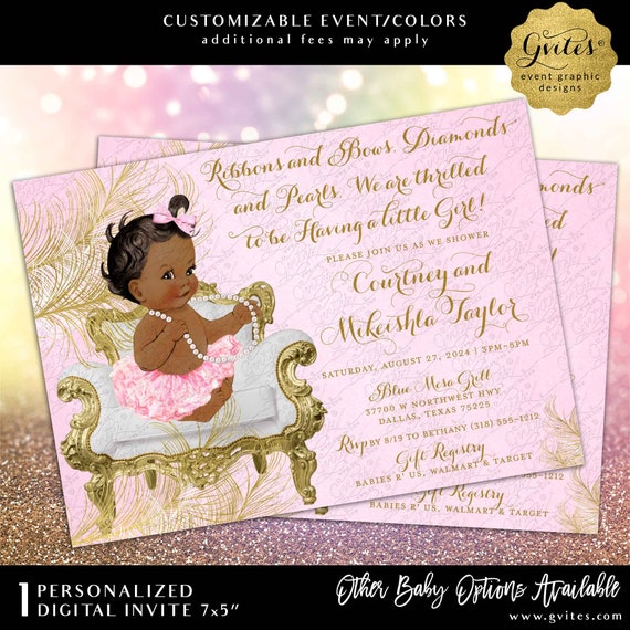 African American Girl Baby Shower Pink & Gold Glitter Feathers Watercolor Grunge Background. 7x5" Digital Download