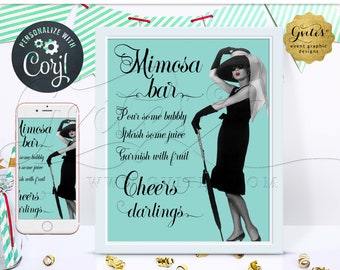 Breakfast at Mimosa Bar Sign/Vintage Audrey Hepburn Party Decorations table decor & cards/Editable Template {8x10"}