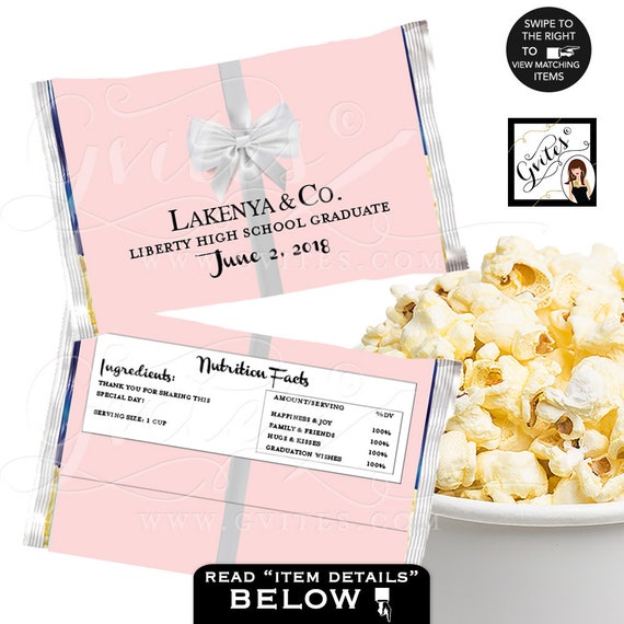 Microwave Popcorn Wrapper Pink Graduate and co, popcorn cover breakfast at white bow party favors. Digital {6.63 x 9.86 1-Per/Sheet}