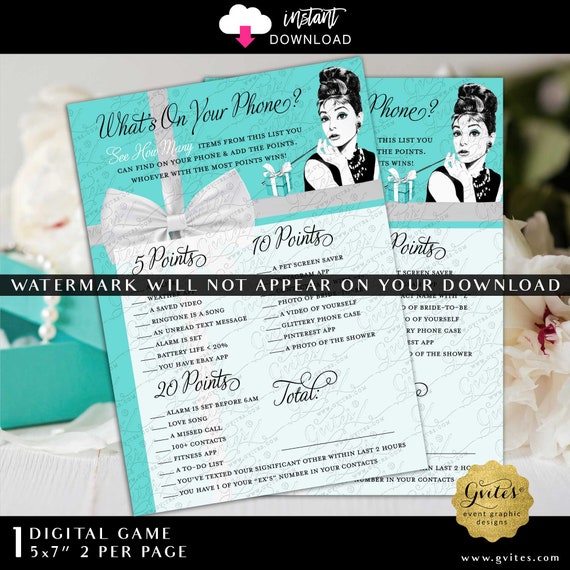 What's On Your Phone Game Cards | Audrey Hepburn Bridal Shower | JPG Instant Download 5x7" 2/ Per Sheet