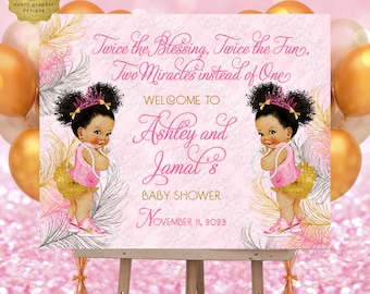 Welcome Sign Afro Puffs Princess Their arrival grows near Pink Gold and Silver Watercolor Glitter Feathers