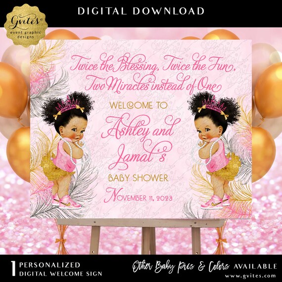 Welcome Sign Afro Puffs Princess Their arrival grows near Pink Gold and Silver Watercolor Glitter Feathers