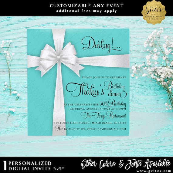 Blue Elegant 40th Birthday Customizable Invitation Square 5x5" White Bow Printable Digital Download